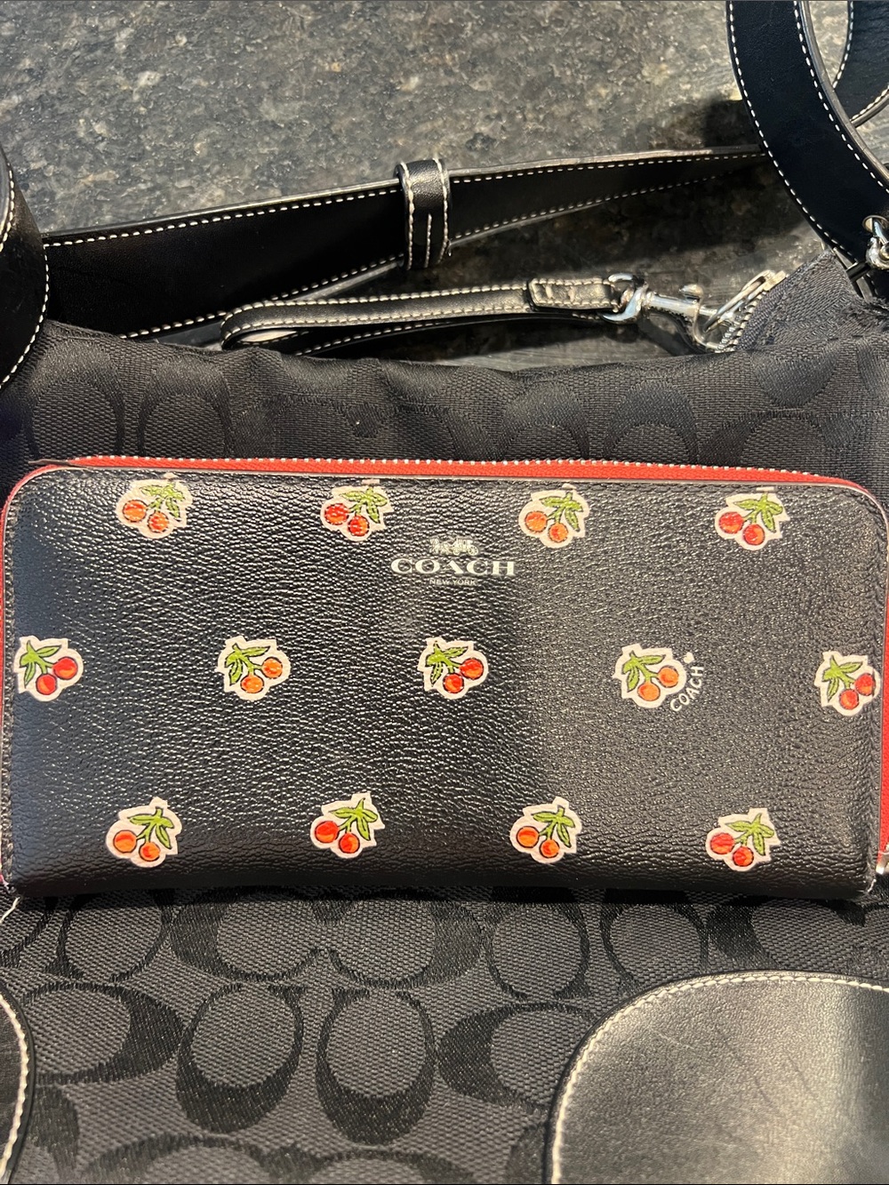 Y2K Coach Black Wallet with Red Cherry Print and Red Trim